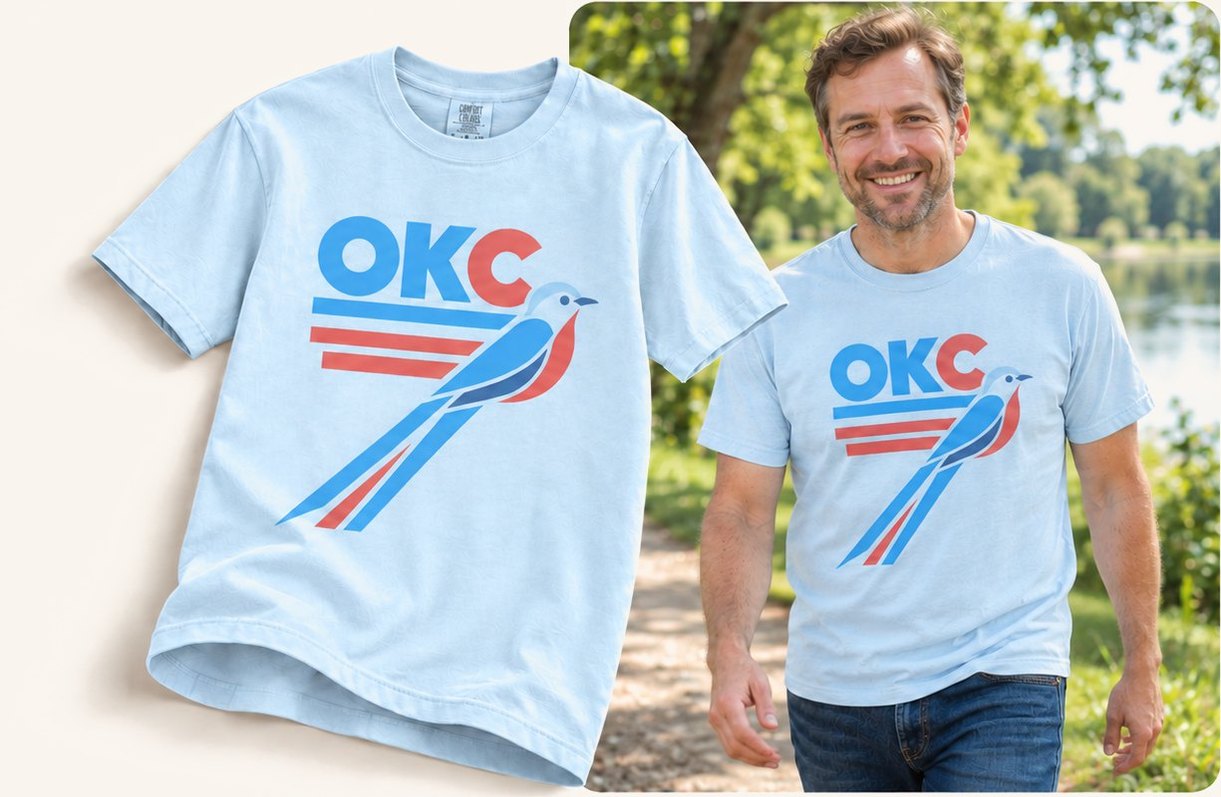 OKC bird tee, shown flat and worn