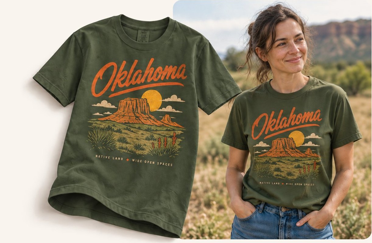 Oklahoma tee, shown flat and worn